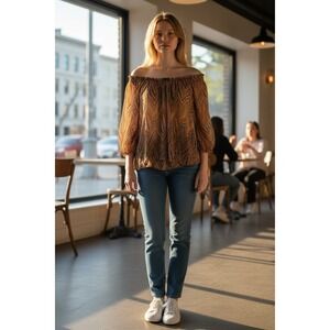 New Directions Women's Bright Multicolor Blouse With Elastic  Sleeves-Sz PLarge